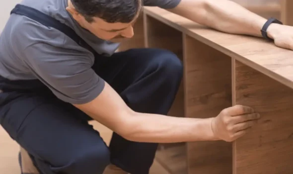 Custom furniture expert at Friendly Build & Fix assembling handcrafted wood shelving