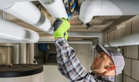 Skilled plumber from Friendly Build & Fix inspecting overhead plumbing system in a commercial setting
