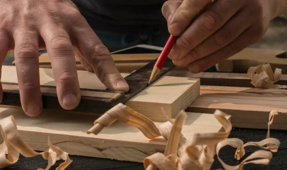 Friendly Build & Fix artisan measuring timber for a precision custom furniture project