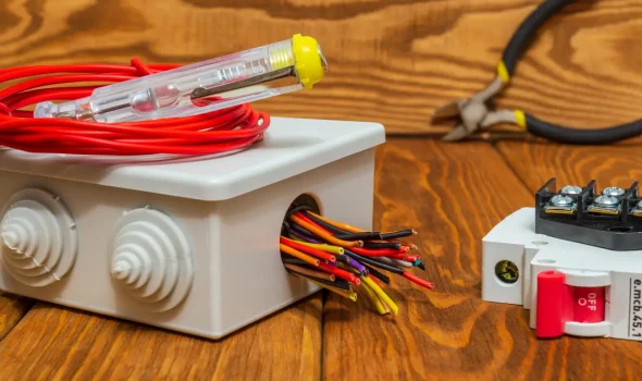 Friendly Build & Fix electrical service tools including wiring, junction box, tester, and circuit switch