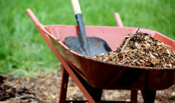 Friendly Build & Fix landscaping wheelbarrow filled with mulch showing a clean and respectful process.